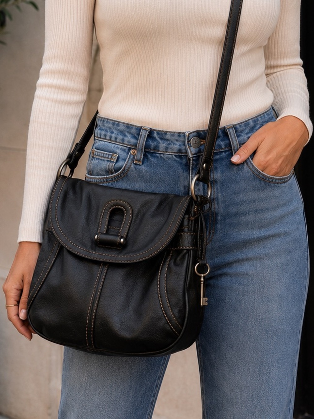 Fossil Fifty Four Black Leather Crossbody Bag